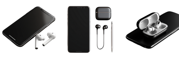 Set of Smartphone with glowing wireless bluetooth headset on transparent png background. Ai generated