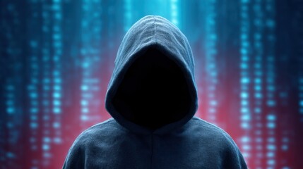 Mysterious figure in hoodie with dark silhouette against glowing digital background showcasing technology, hacking, cyberspace, and digital security themes.