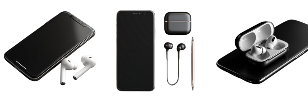 Set of Smartphone with glowing wireless bluetooth headset on transparent png background. Ai generated