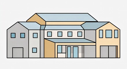 Modern multi-level house facade with colorful accents and large windows