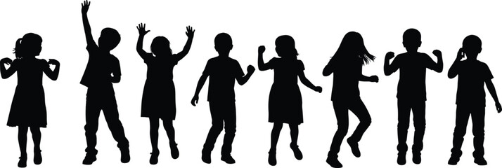 Children silhouette set showing playful movement, dancing, gestures, individuality, emotion, and expressive body language in vector art style