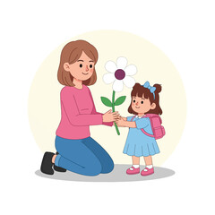 Mother and Daughter Sharing a White Flower with Pink Backpack.