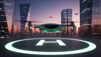 Drone landing on a helipad on a rooftop in a modern city at sunset, future transport technology footage - Powered by Adobe
