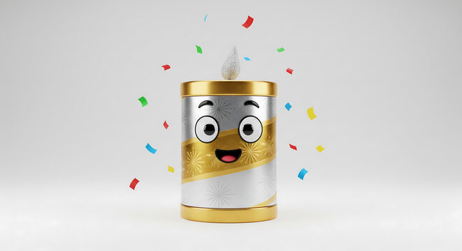 Happy birthday concept with a cute animated candle character. A 3D illustration of a festive celebratory moment with colorful confetti on a white background
