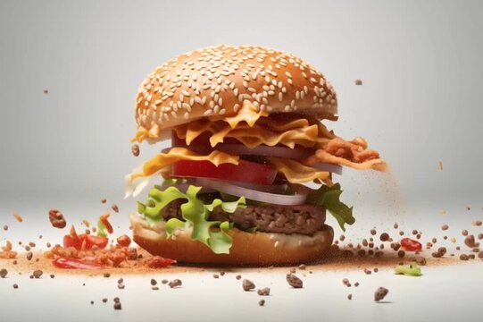 Close-up high-speed studio shot of a sesame seed burger with crispy crumbs flying and ingredients suspended over a white background.
