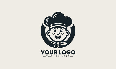 Smiling retro chef boy wearing classic hat and bow tie vector logo illustration design