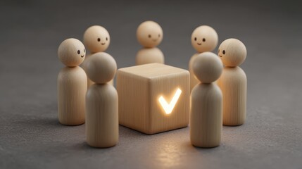 Wooden figurines gathered around a cube with a glowing check mark, symbolizing agreement, teamwork, and collaboration in a modern workspace environment