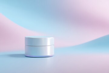 Glossy skincare container on soft curved pastel abstract terrain surface