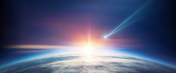 Comet, asteroid, meteorite flying to the planet Earth on the background of the starry night sky.  Elements of this image furnished by NASA.