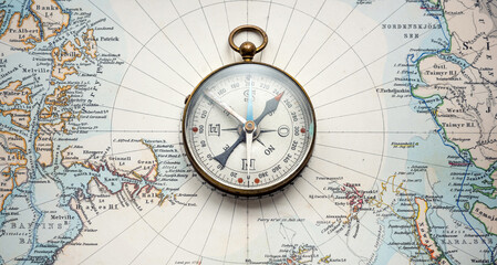 Magnetic old compass on old nord pole map. Travel, geography, history, navigation, tourism and exploration concept background. Retro compass on geography map.