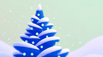 Christmas tree covered with snow and ornaments standing bright background with falling snowflakes