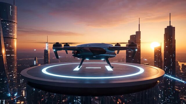 Drone landing on a helipad on a skyscraper roof in a futuristic city at sunset, urban high technology animation