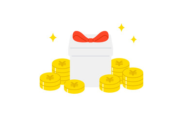 山積みの円マークコインと正面のプレゼントボックス【ベクターイラスト素材】