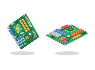 Vector illustration of computer motherboard with colorful electronic components. Modern PC hardware design isolated on white background.