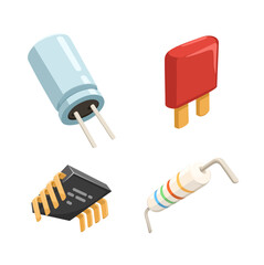 Cartoon vector set of electronic components such as capacitor, resistor, IC, and diode. Ideal for electronics and technology design.