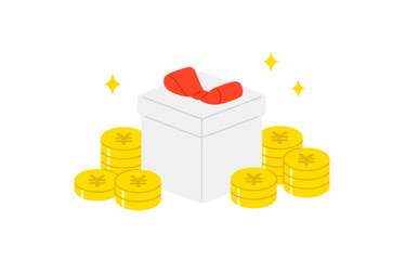 山積みの円マークコインとななめのプレゼントボックス【ベクターイラスト素材】