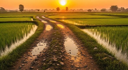 A dirt road winding through a rice paddy field at sunset