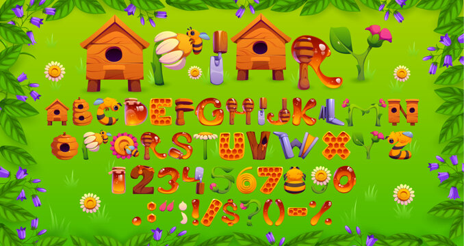 Honey bee font letters, apiary beekeeping typeface English alphabet. Cartoon vector abc symbols and numbers with a honeybee beehives, honey, bees, flowers, and garden tools on a green field background
