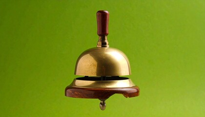 Classic brass hand bell with polished wooden handle on vibrant green screen background