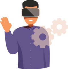 Man wearing vr headset and interacting with gears, symbolizing software development in virtual reality environment