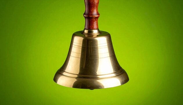 Classic brass hand bell with polished wooden handle on vibrant green screen background