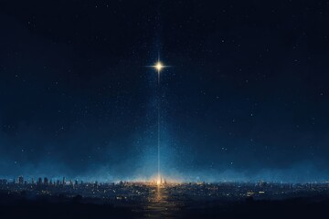 A breathtaking night sky. The Star of Bethlehem in breathtaking night sky. a silhouette of a modern cityscape below, the star's guidance in the contemporary world.
