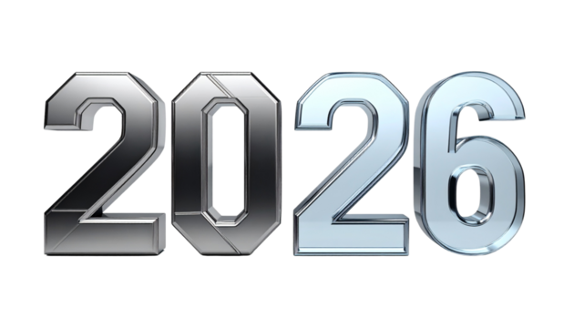 Creative glossy 2026 number design — isolated on transparent background