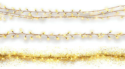 Christmas light garland with gold glitter on white background, new year light effect elements for banner, poster, flyer and xmas card. Horizontal yellow wires shining, led strips