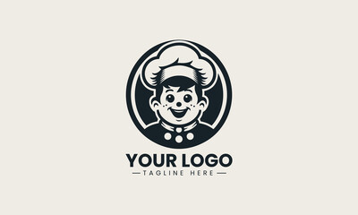 Smiling retro chef boy wearing classic hat and bow tie vector logo illustration design