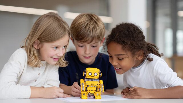 Children engaged in robotics activity, exploring technology with enthusiasm and creativity
