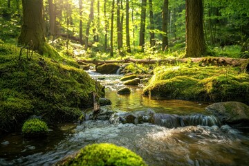 Obraz premium Tranquil Forest Stream Flowing Over Mossy Rocks with Sunlight Filtering Through the Green Canopy