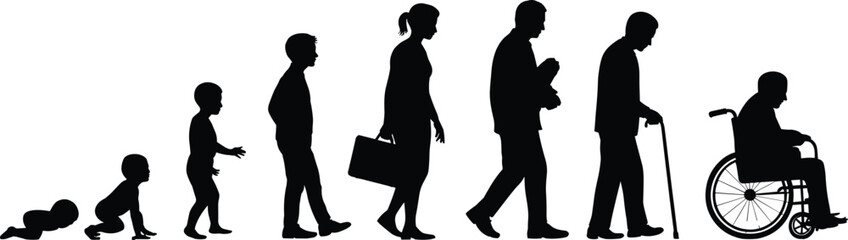 Human life cycle silhouette from crawling baby to elderly in wheelchair showing aging, development, mobility, and life stages vector