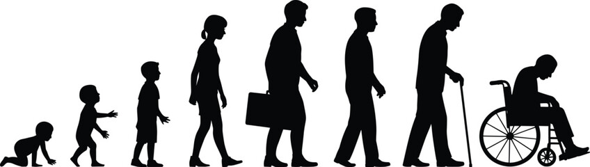Human life cycle silhouette from crawling infant to elderly in wheelchair showing growth, aging, development, and life stages vector