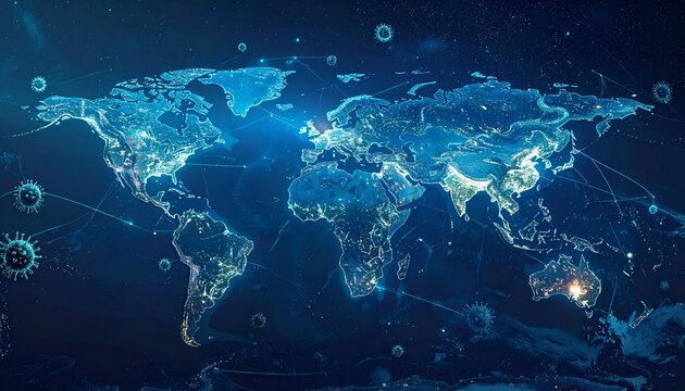 A detailed digital map of the world illuminated with data connections and virus symbols in the background