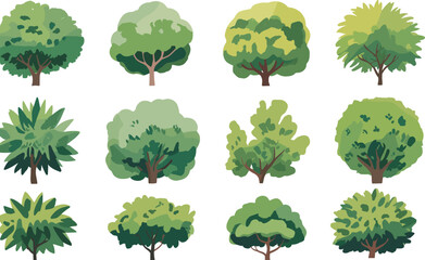 Tree illustration set, green foliage vector, nature clipart collection, garden tree icons, cartoon tree graphics, landscape design elements, eco forest drawings
