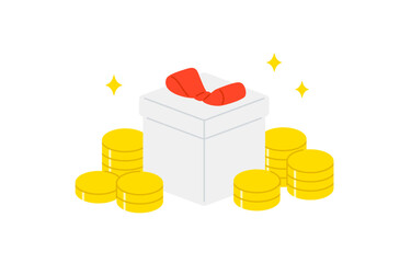 山積みのコインとななめのプレゼントボックス【ベクターイラスト素材】