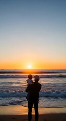 Fototapeta premium Father and Baby Enjoying a Beautiful Sunset at the Beach Family Bonding