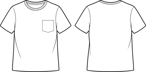 T-shirt flat sketch with pocket, short sleeve crew neck design, unisex casual wear vector illustration, fashion technical drawing, blank apparel template