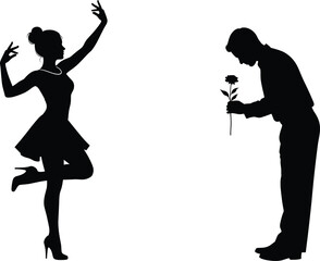 Romantic silhouette of man offering flower to woman in graceful pose showing love, affection, gesture, and emotional connection vector
