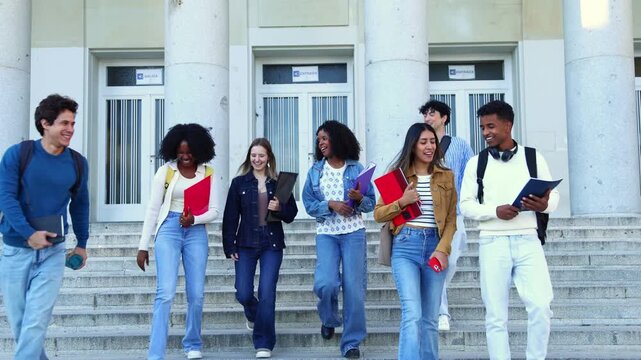 Diverse group of university students leaving campus