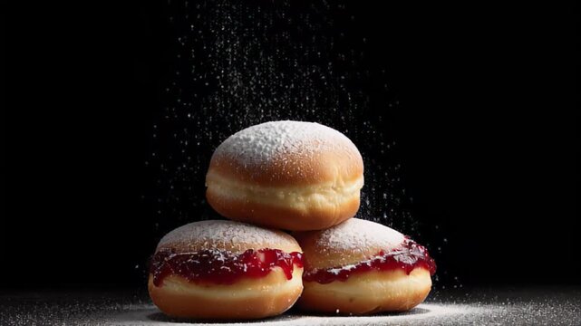 Three delicious donuts stacked delicately, dusted with powdered sugar against dark backdrop