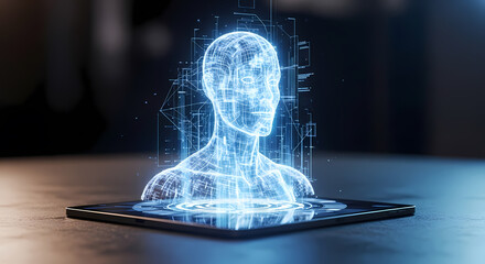 A glowing blue holographic human head and torso emerging from a digital tablet, representing artificial intelligence and future technology.