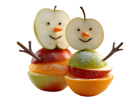 Cheerful Fruit Snowmen Stacked from Apple and Orange Slices isolated on a transparent background