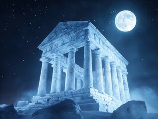 Obraz premium A majestic ancient temple stands under a full moon, surrounded by mist and stones, evoking a sense of mystery and history.