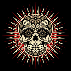 Vibrant sugar skull illustration with intricate floral patterns and radiating rays, set against a dark background, perfect for Day of the Dead themes.