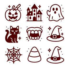 Halloween icons showcased in a festive image with pumpkin, ghost, and black cat. Ideal for seasonal marketing materials and decorations.