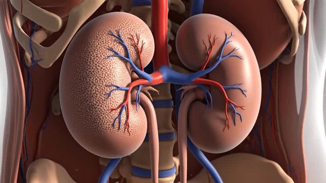 Adrenal Gland Anatomy Animation Featuring Detailed Kidney Structure Vascular System in a Medical Illustration Style with Human Torso Background for Educational Purposes nearly 200 characters