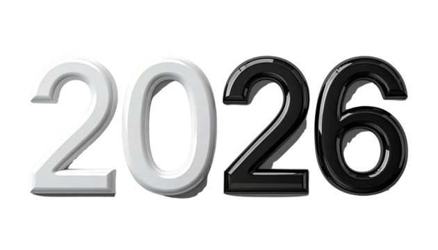 3D glossy 2026 text style — isolated on transparent background