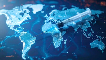 A syringe positioned over a digital map of the world, symbolizing global vaccination efforts and health initiatives
