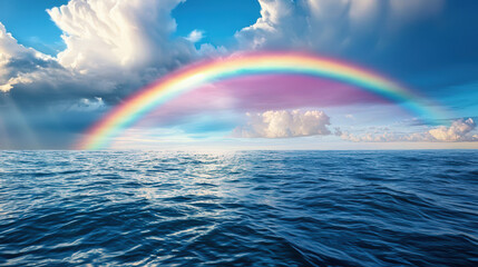 Rainbow arches over calm ocean under dramatic cloudy sky, sunlight reflecting on water, creating peaceful and hopeful atmosphere